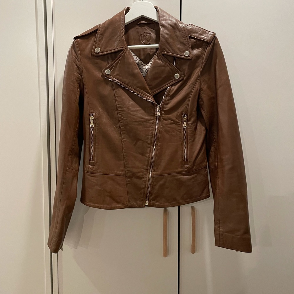 Massimo Dutti Classic Brown Leather Biker Jacket